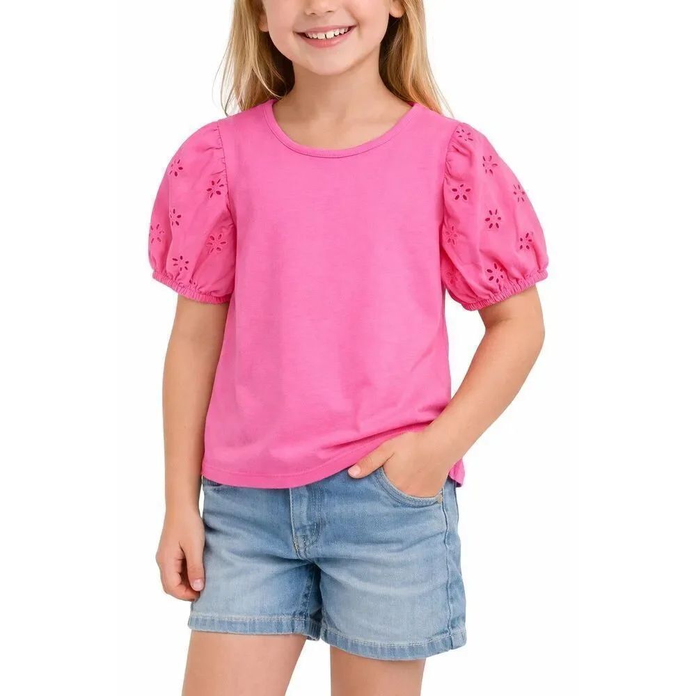H&M Girls Pink Eyelet Puff Sleeve Cotton Top Size 6X/7